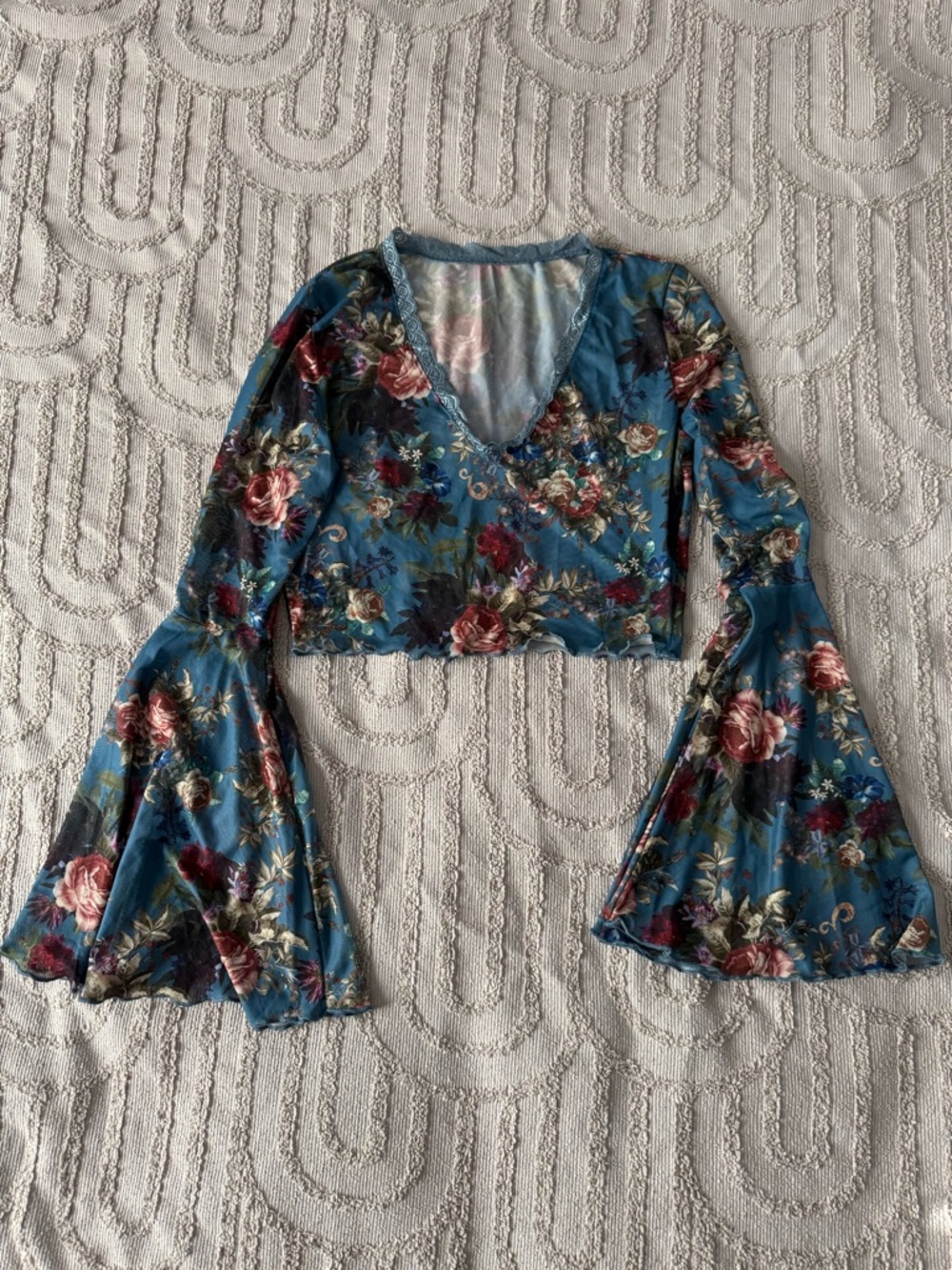 Floral Bell-Sleeve Mesh Crop Top